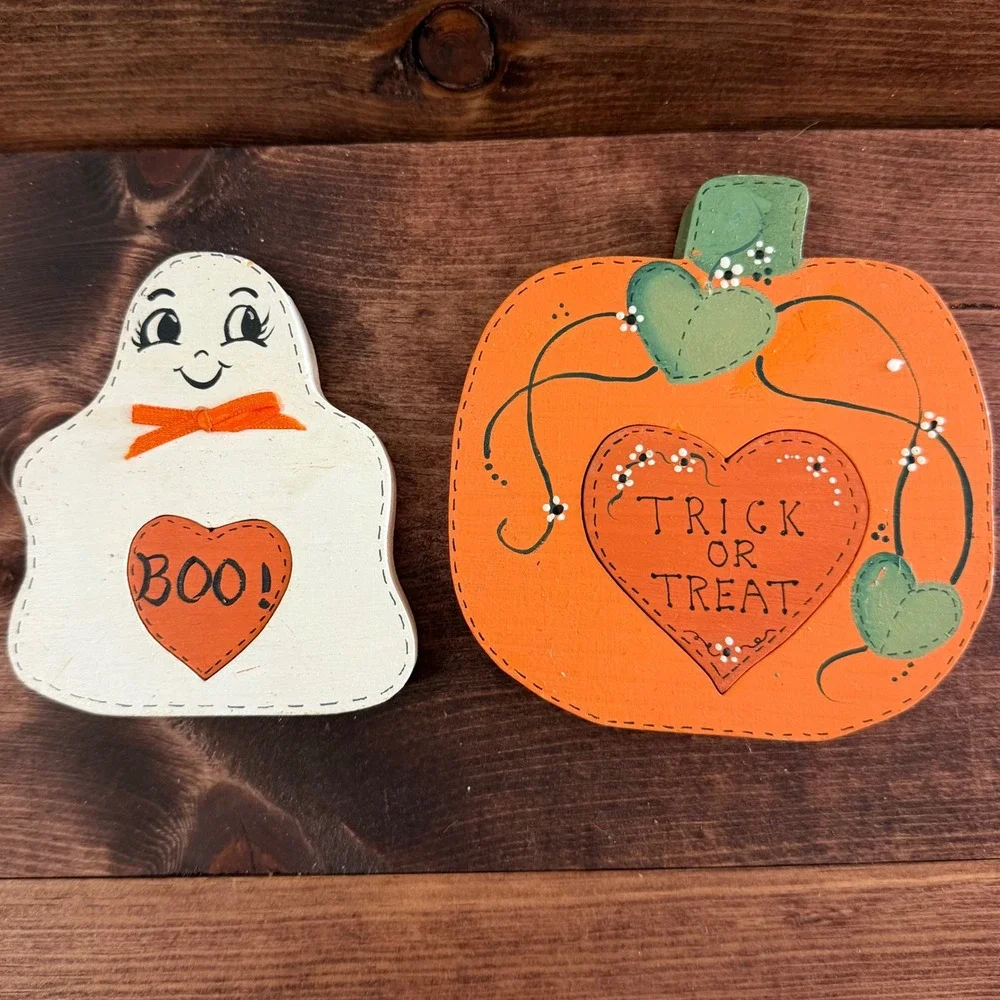 Handcrafted Bob & Zenna Meeks Wooden Ghost Pumpkin Halloween Shelf Sitter Set